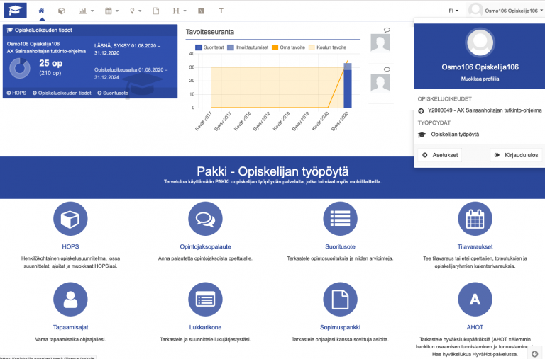 Opiskelijan työpöydän etusivu